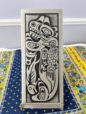 Vintage Indigenous North West Coast Etched Aluminum Wall Plaque Raven Totem Art